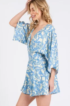 Waitlist 4/23 ♥ Alex 3/4 Sleeve Back Tie Palm Print Romper Blue