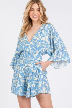Waitlist 4/23 ♥ Alex 3/4 Sleeve Back Tie Palm Print Romper Blue