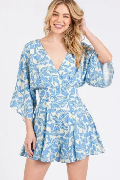Waitlist 4/23 ♥ Alex 3/4 Sleeve Back Tie Palm Print Romper Blue