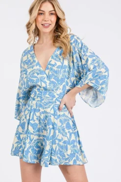 Waitlist 4/23 ♥ Alex 3/4 Sleeve Back Tie Palm Print Romper Blue