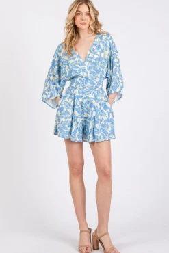 Waitlist 4/23 ♥ Alex 3/4 Sleeve Back Tie Palm Print Romper Blue