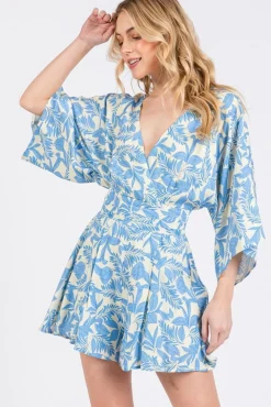 Waitlist 4/23 ♥ Alex 3/4 Sleeve Back Tie Palm Print Romper Blue