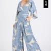 Waitlist 4/25 ♥ Annabelle 3/4 Sleeve Back Tie Palm Print Wide Leg Jumpsuit Blue