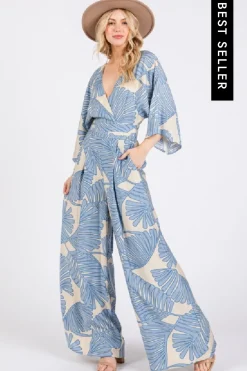 Waitlist 4/25 ♥ Annabelle 3/4 Sleeve Back Tie Palm Print Wide Leg Jumpsuit Blue