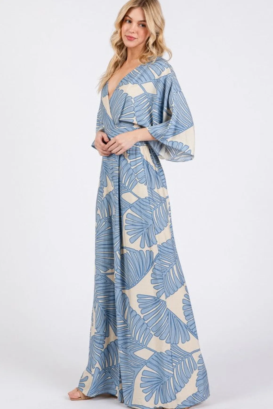 Waitlist 4/25 ♥ Annabelle 3/4 Sleeve Back Tie Palm Print Wide Leg Jumpsuit Blue