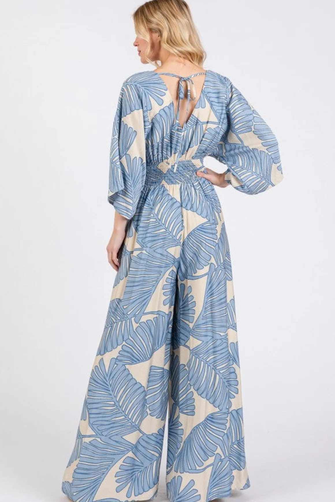 Waitlist 4/25 ♥ Annabelle 3/4 Sleeve Back Tie Palm Print Wide Leg Jumpsuit Blue