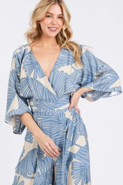 Waitlist 4/25 ♥ Annabelle 3/4 Sleeve Back Tie Palm Print Wide Leg Jumpsuit Blue