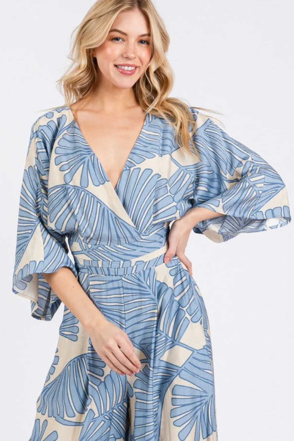 Waitlist 4/25 ♥ Annabelle 3/4 Sleeve Back Tie Palm Print Wide Leg Jumpsuit Blue