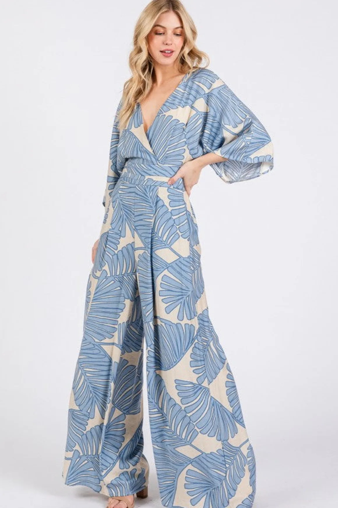 Waitlist 4/25 ♥ Annabelle 3/4 Sleeve Back Tie Palm Print Wide Leg Jumpsuit Blue