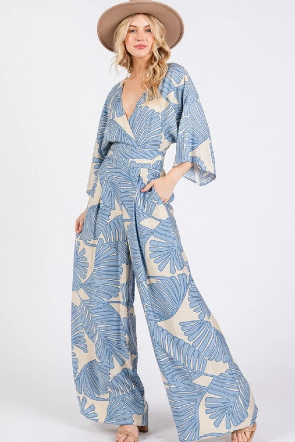 Waitlist 4/25 ♥ Annabelle 3/4 Sleeve Back Tie Palm Print Wide Leg Jumpsuit Blue