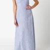 Waitlist 5/5 ♥ Ari Sleeveless Stripe Print Linen Maxi Dress Blue
