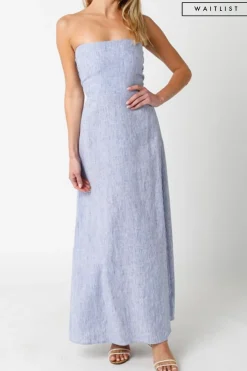 Waitlist 5/5 ♥ Ari Sleeveless Stripe Print Linen Maxi Dress Blue