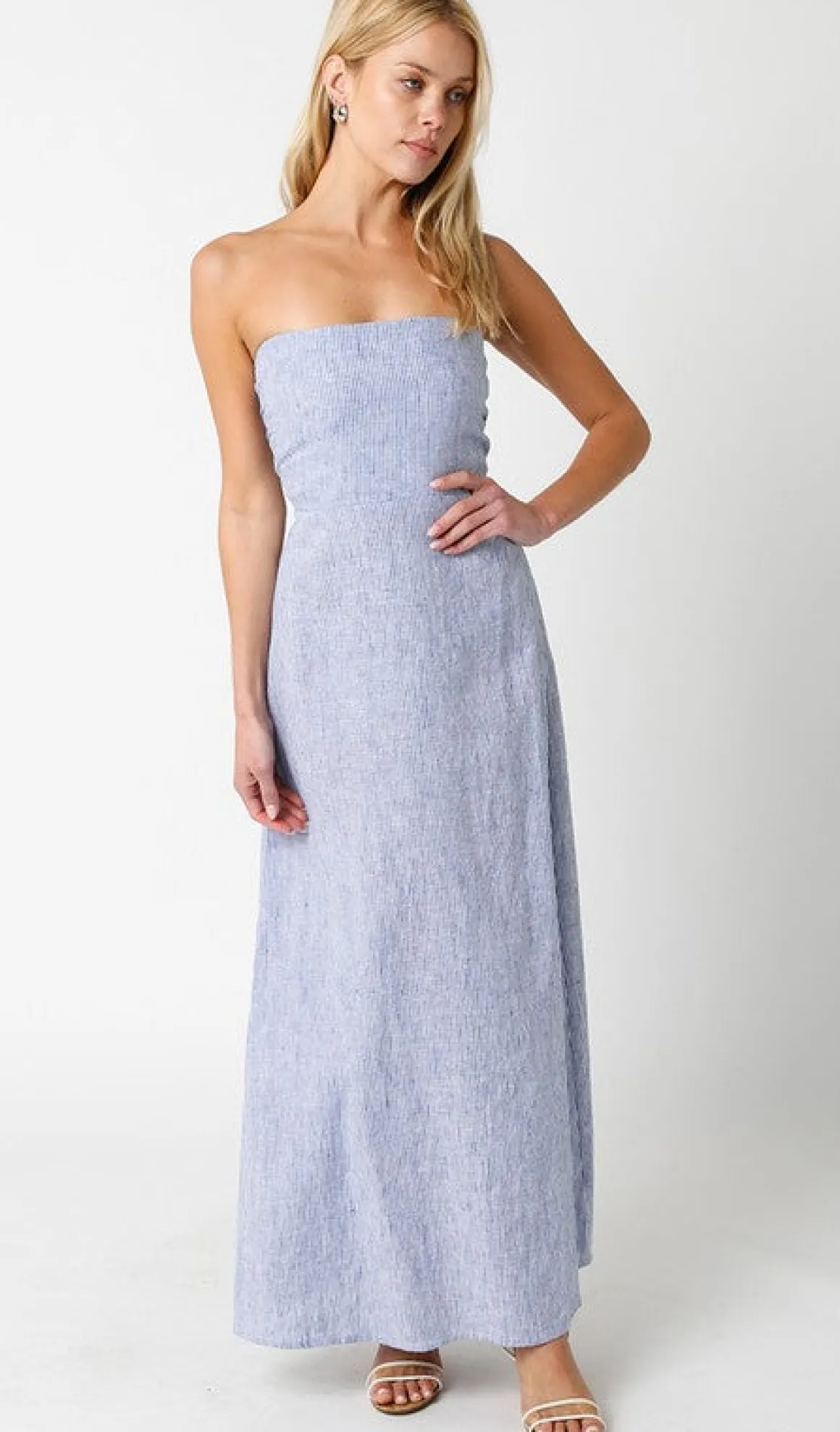 Waitlist 5/5 ♥ Ari Sleeveless Stripe Print Linen Maxi Dress Blue