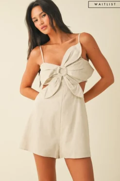 Waitlist 5/15 ♥ Austin Sleeveless Flower Accent Cut Out Linen Romper Natural