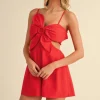 Waitlist 5/15 ♥ Austin Sleeveless Flower Accent Cut Out Linen Romper Red