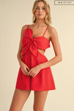 Waitlist 5/15 ♥ Austin Sleeveless Flower Accent Cut Out Linen Romper Red