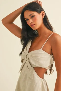 Waitlist 5/15 ♥ Austin Sleeveless Flower Accent Cut Out Linen Romper Natural