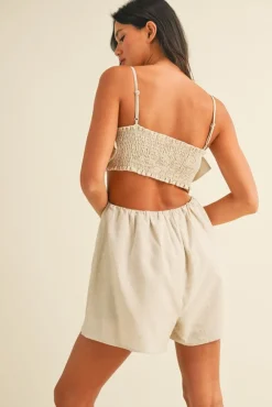 Waitlist 5/15 ♥ Austin Sleeveless Flower Accent Cut Out Linen Romper Natural
