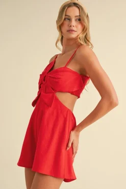 Waitlist 5/15 ♥ Austin Sleeveless Flower Accent Cut Out Linen Romper Red