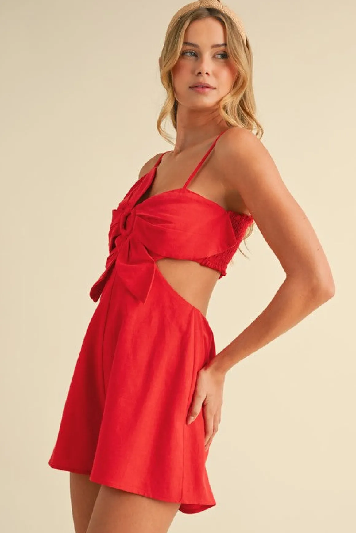 Waitlist 5/15 ♥ Austin Sleeveless Flower Accent Cut Out Linen Romper Red