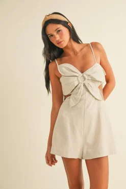 Waitlist 5/15 ♥ Austin Sleeveless Flower Accent Cut Out Linen Romper Natural