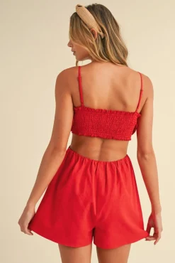 Waitlist 5/15 ♥ Austin Sleeveless Flower Accent Cut Out Linen Romper Red