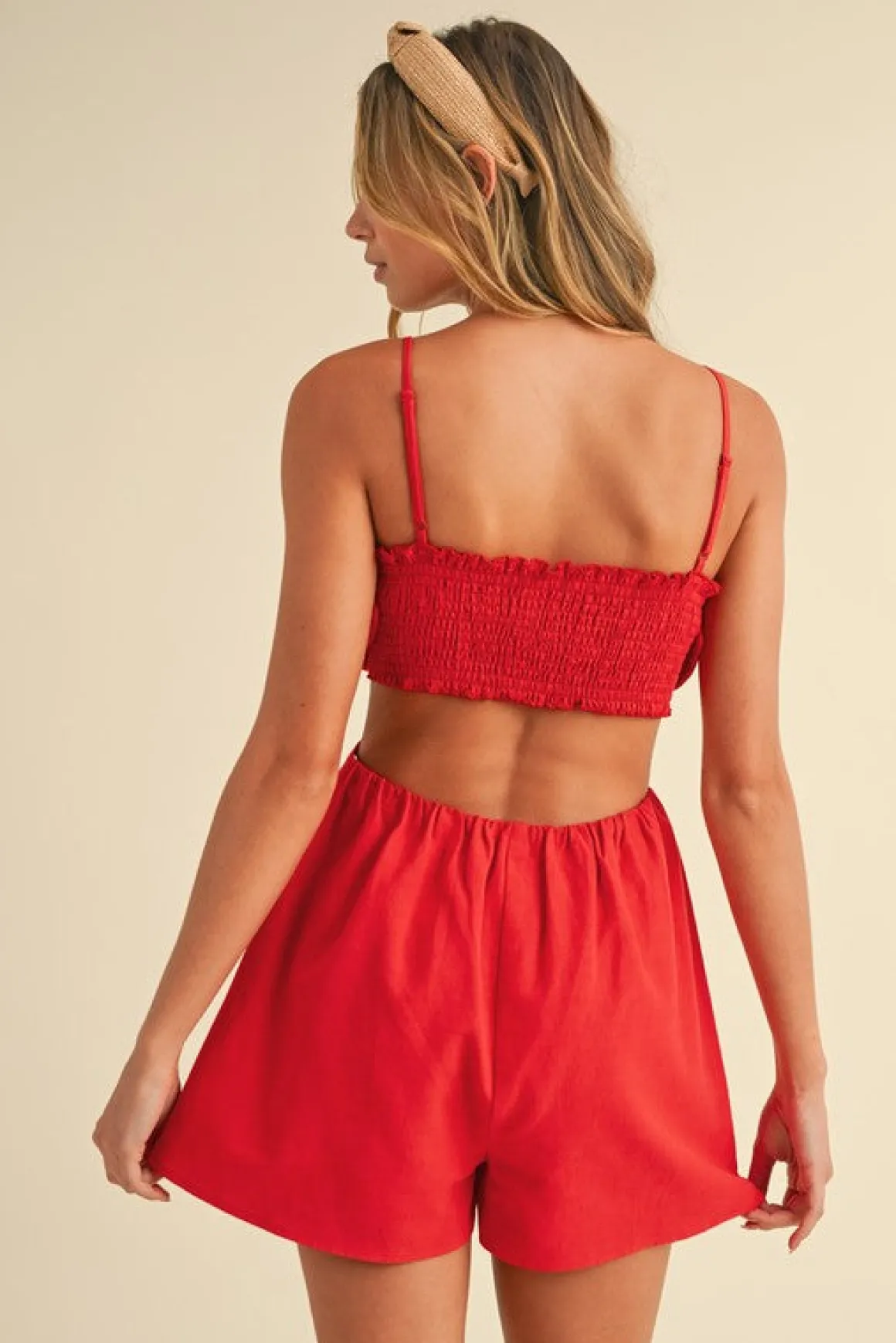 Waitlist 5/15 ♥ Austin Sleeveless Flower Accent Cut Out Linen Romper Red