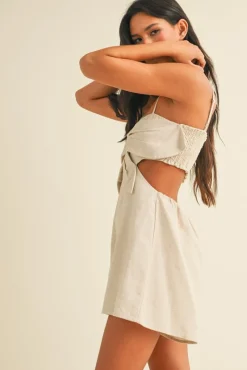Waitlist 5/15 ♥ Austin Sleeveless Flower Accent Cut Out Linen Romper Natural