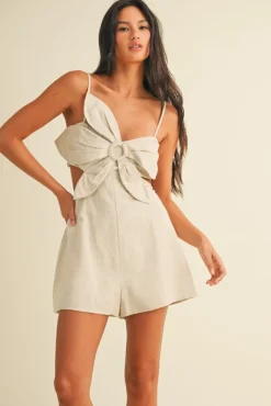 Waitlist 5/15 ♥ Austin Sleeveless Flower Accent Cut Out Linen Romper Natural