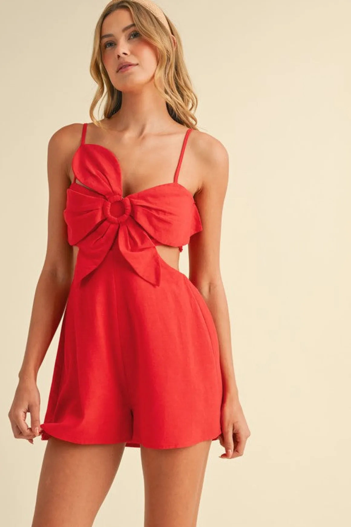 Waitlist 5/15 ♥ Austin Sleeveless Flower Accent Cut Out Linen Romper Red
