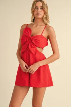 Waitlist 5/15 ♥ Austin Sleeveless Flower Accent Cut Out Linen Romper Red