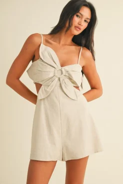 Waitlist 5/15 ♥ Austin Sleeveless Flower Accent Cut Out Linen Romper Natural