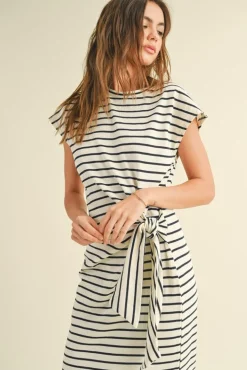 Waitlist 4/20 ♥ Avril Short Sleeve Knot Stripe Print Midi Dress White