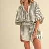 Waitlist 4/30 ♥ Brandy Short Sleeve Waist Tie Stripe Print Romper Cream