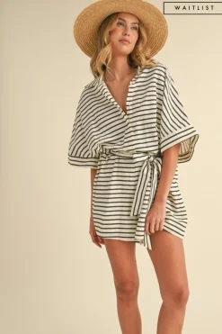 Waitlist 4/30 ♥ Brandy Short Sleeve Waist Tie Stripe Print Romper Cream