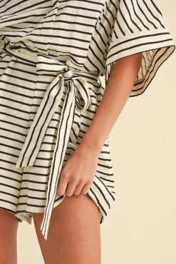 Waitlist 4/30 ♥ Brandy Short Sleeve Waist Tie Stripe Print Romper Cream