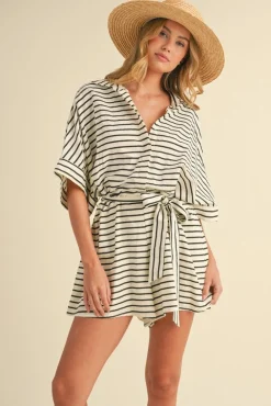Waitlist 4/30 ♥ Brandy Short Sleeve Waist Tie Stripe Print Romper Cream