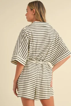 Waitlist 4/30 ♥ Brandy Short Sleeve Waist Tie Stripe Print Romper Cream
