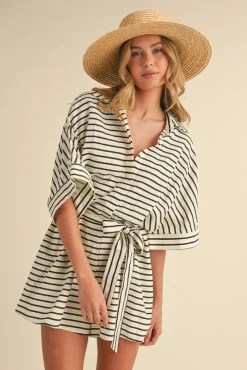 Waitlist 4/30 ♥ Brandy Short Sleeve Waist Tie Stripe Print Romper Cream