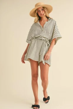 Waitlist 4/30 ♥ Brandy Short Sleeve Waist Tie Stripe Print Romper Cream