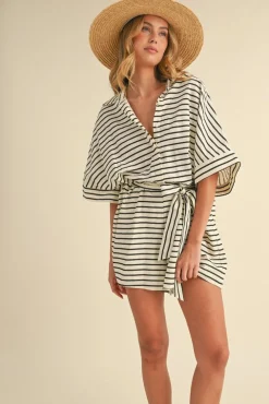 Waitlist 4/30 ♥ Brandy Short Sleeve Waist Tie Stripe Print Romper Cream
