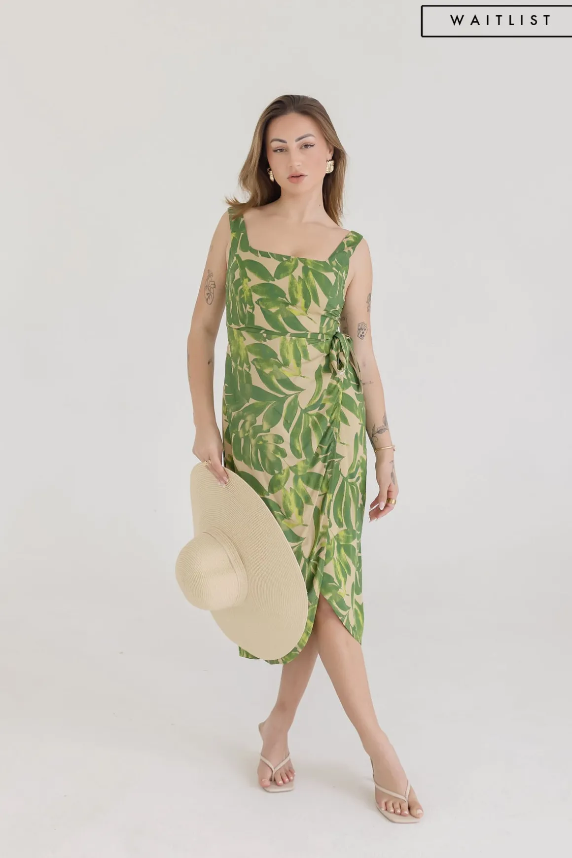 Waitlist 4/20 ♥ Cassandra Sleeveless Tropical Print Wrap Midi Dress Green