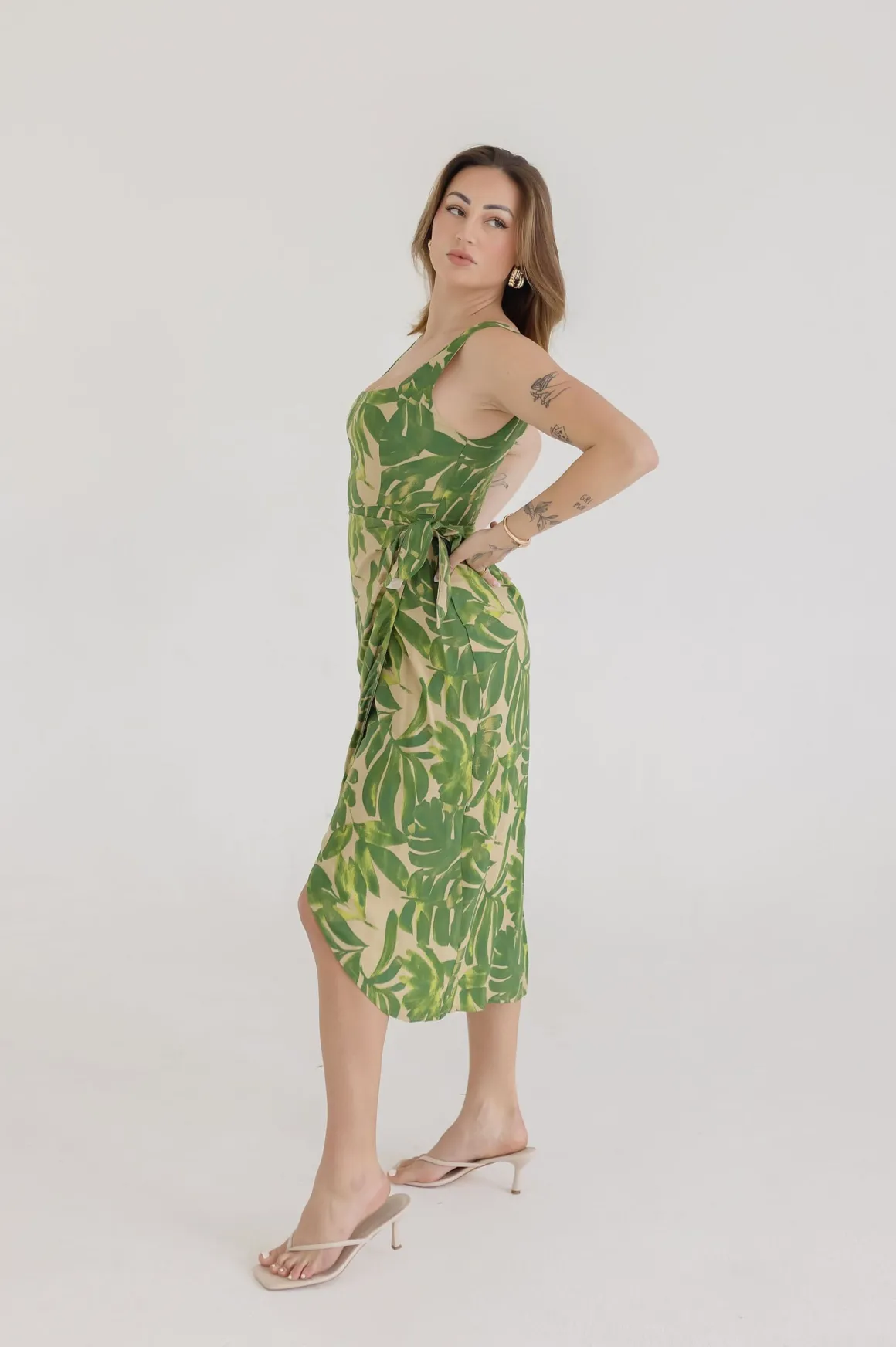 Waitlist 4/20 ♥ Cassandra Sleeveless Tropical Print Wrap Midi Dress Green