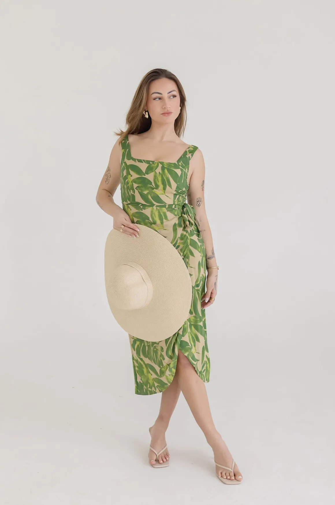 Waitlist 4/20 ♥ Cassandra Sleeveless Tropical Print Wrap Midi Dress Green