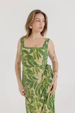Waitlist 4/20 ♥ Cassandra Sleeveless Tropical Print Wrap Midi Dress Green