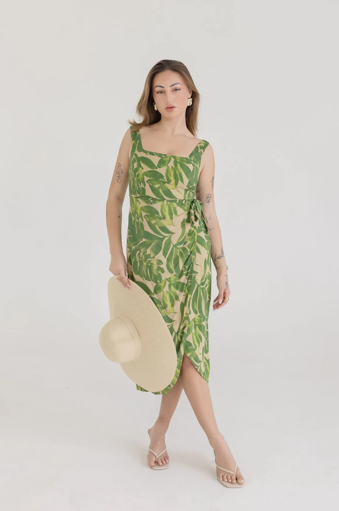 Waitlist 4/20 ♥ Cassandra Sleeveless Tropical Print Wrap Midi Dress Green