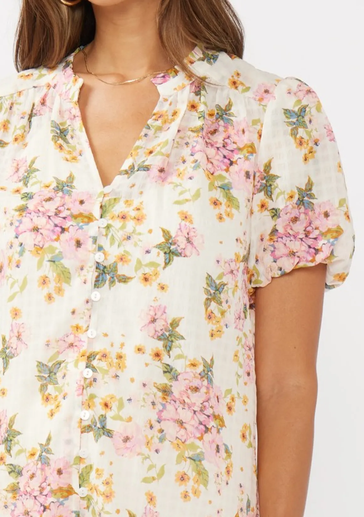 Waitlist 4/23 ♥ Clarissa Short Puff Sleeve Button Down Floral Print Top Natural