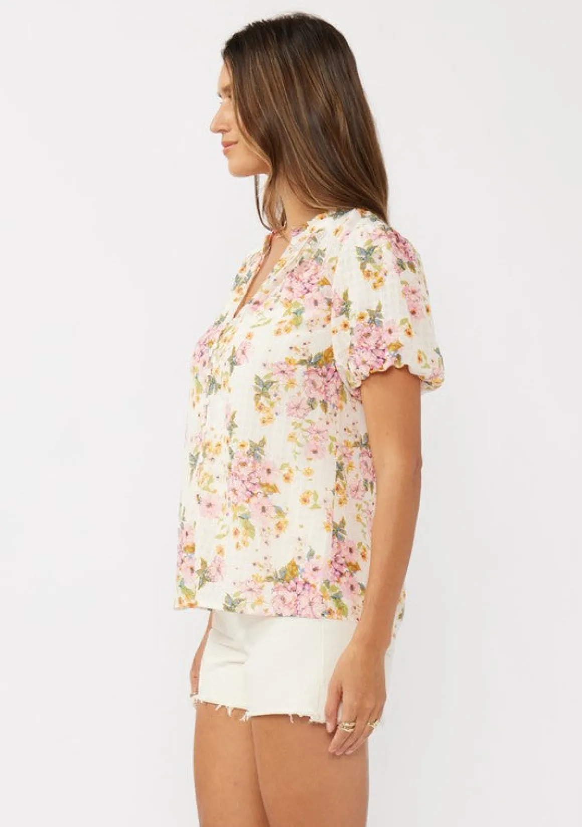 Waitlist 4/23 ♥ Clarissa Short Puff Sleeve Button Down Floral Print Top Natural