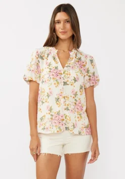Waitlist 4/23 ♥ Clarissa Short Puff Sleeve Button Down Floral Print Top Natural