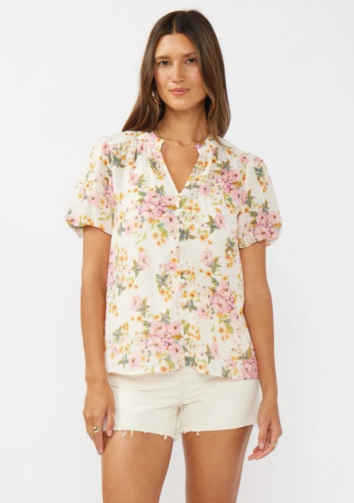 Waitlist 4/23 ♥ Clarissa Short Puff Sleeve Button Down Floral Print Top Natural